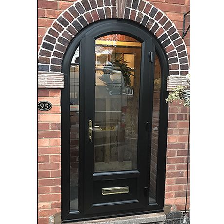 Arched porch entrance in all Black profile installed in Solihull by Solihull WDC the premier supplier of PVCu and composite doors, aluminium bi-folding doors, sliding patio and French doors .... Fold Door Ideas, Folding Door Design, Arched Exterior Doors, Front Doors Uk, Arched Front Door, French Doors Bedroom, Double Door Entryway, Glass Porch, Traditional Front Doors