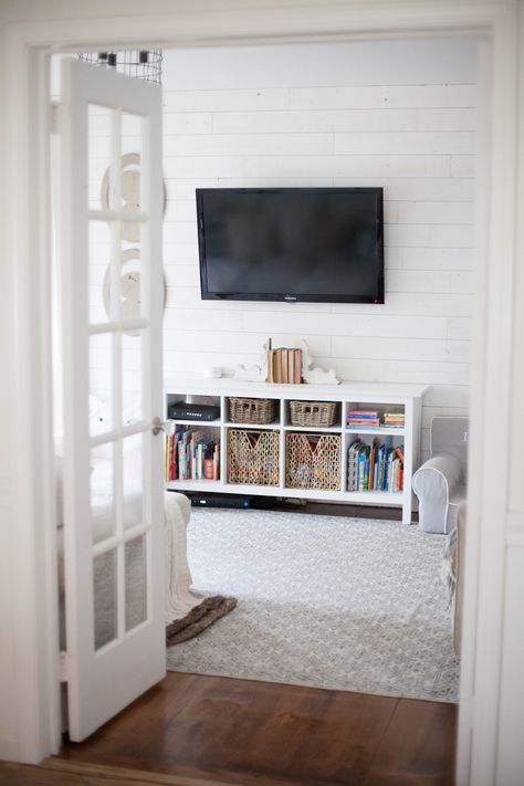 Peel and stick shiplap wood wall by stikwood Den And Playroom Combo, Photo Storage Ideas, Dining Room To Playroom, Peel And Stick Wood Wall, Stick Wood Wall, Home Playroom, Family Room Storage, Small Tv Room, Wood Wall Planks