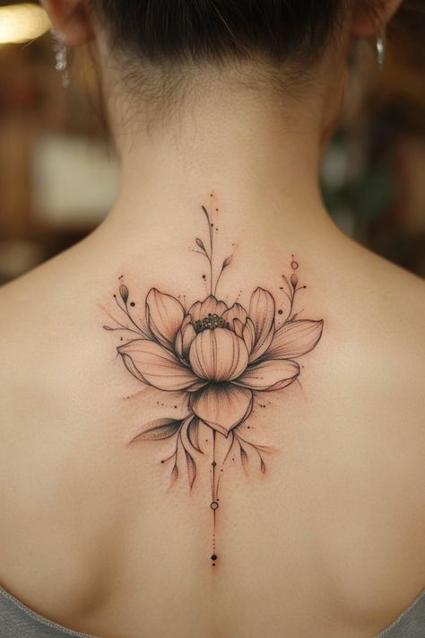 Back tattoo of a blooming flower with delicate leaves and intricate lines. Tattoo Of Lily Flower, Beautiful Flower Tattoos For Women, Tattoo That Represents Growth, Flower Tattoo Ideas For Women, Buttercup Tattoo, Daisy Chain Tattoo, Small Daisy Tattoo, Flower Tattoos For Women, Marigold Tattoo