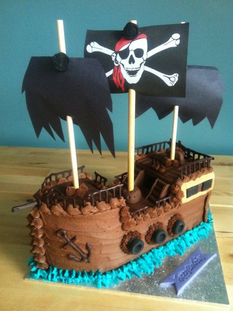 This is the second of two cakes that I made for my twin cousins birthday. My first chance to make a pirate ship cake I was very excited and I'm so happy with how it came out. My cousins were both t... Pirate Ship Cake, Cake Decorating For Kids, Pirate Birthday Cake, Pirate Ship Cakes, Ship Cake, Pirate Themed Birthday Party, Pirate Themed Birthday, Pirate Cake, Pirate Theme Party