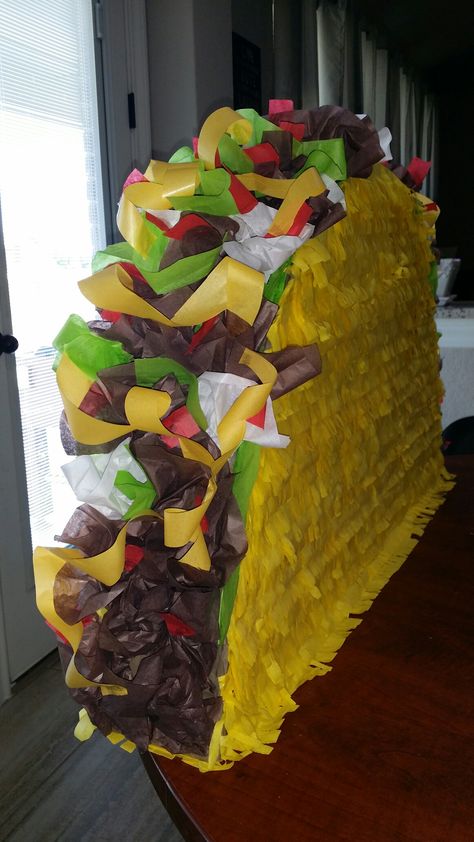 Taco pinata Taco Pinata, Mexican Pinata, Mexican Theme Party Decorations, Mexican Birthday Parties, Dragons Love Tacos, Mexican Party Decorations, Piñata Ideas, Fiesta Birthday Party, Mexican Birthday