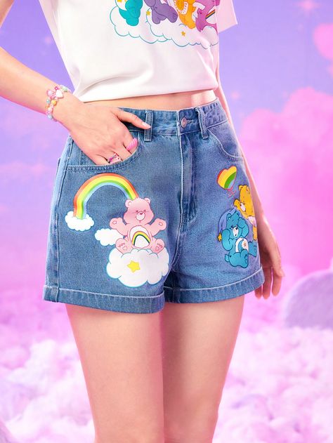 ROMWE X Care Bears Cartoon Graphic Denim Shorts Maddy Outfits, Bears Cartoon, Jeans Patch, Disney Sticker, Patched Jeans, Cherry Bomb, Care Bears, Bear Cartoon, Amazing Products