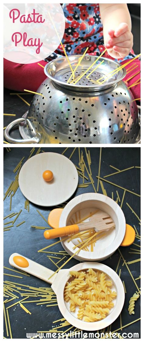 Pasta play -  Simple play activity ideas for toddlers and preschoolers. Use pasta and spaghetti to work on fine motor skills. Food Activities For Toddlers, Activity Ideas For Toddlers, Toddler Fine Motor Activities, Preschool Cooking, Preschool Fine Motor Skills, Cooking Theme, Nutrition Activities, Easy Toddler Activities, Food Activities