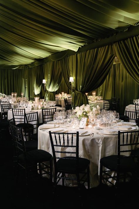 PAMELA BAREFOOT EVENTS + DESIGN Green Draping Wedding, Drapery For Wedding Reception, Draping Wedding Reception, Peru Wedding, Snowboard Wedding, Wedding Drapery, Olive Green Weddings, Draping Wedding, Elegant Wedding Themes