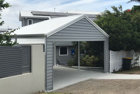 Built In Carport, Carport Between House And Garage, Carport In Front Of House Entrance, Hamptons Carport, Carport Attached To Garage, Carport Facade, Carport Addition To House, Carport Ideas Australia, Carport In Front Of House