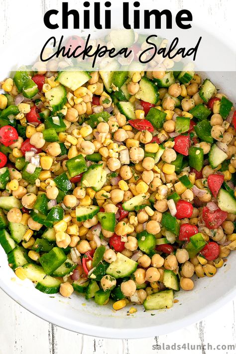 Crispy Chili Lime Chickpea Salad, Chickpea Salad With Cilantro, Corn Chickpea Salad, Corn And Chickpea Salad, Mexican Chickpea Salad, Salad For Potluck, Cucumber Chickpea Salad, Chickpea Salads, Lime Salad