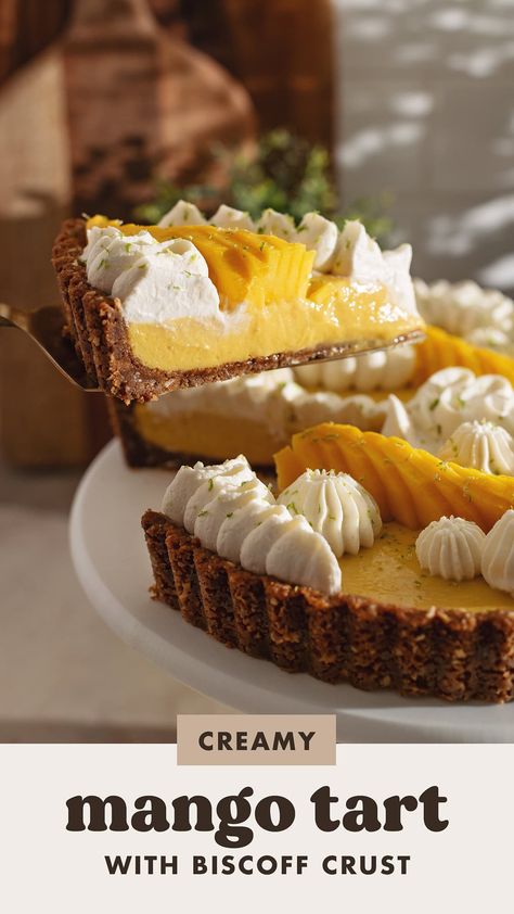 This tropical and delicious mango tart is made with a crunchy biscoff crust, creamy mango filling, and whipped cream and fresh mangoes on top. It's easy to make and perfect for mango season! #mangotart #mango #mangodessert | teakandthyme.com Dessert With Mango, Mango Semifreddo, Mango Tart Recipe, Mango Whip, Mango Pie Recipe, Mango Desert, Mango Filling, Biscoff Crust, Baking Studio