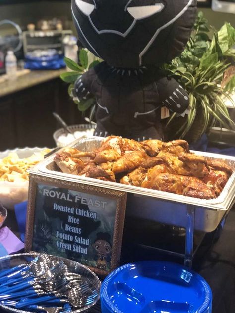 Baby Black Panther Baby Shower | CatchMyParty.com Black Panther Food Ideas, Black Panther Party Food Ideas, Black Panther Party Food, Black Baby Shower Food, Baby Black Panther, Chicken Rice Beans, Roast Chicken And Rice, Disney Movie Night Dinner, Movie Night Dinner