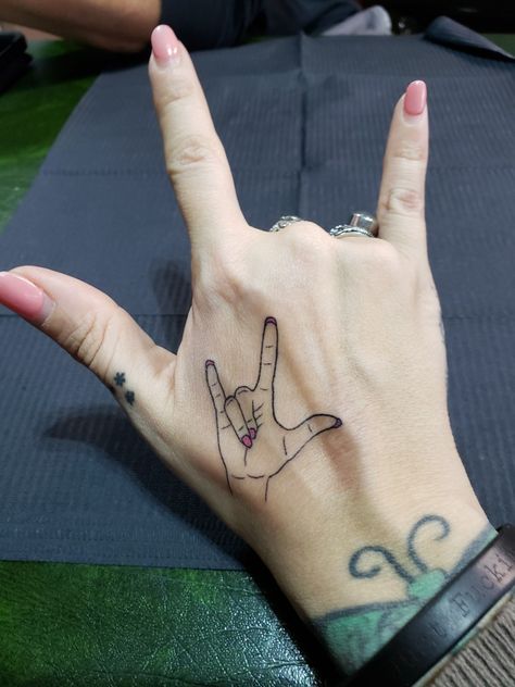 Asl I Love You Skeleton Hand Tattoo, I Love You Asl Tattoo With Flowers, I Love You Hand Symbol Tattoo, I Love You Hand Tattoo, I Love You Symbol Tattoo, I Love You Sign Tattoo, I Love You Hand Sign Tattoo, Asl I Love You Tattoo, Sign Language Tattoo Ideas