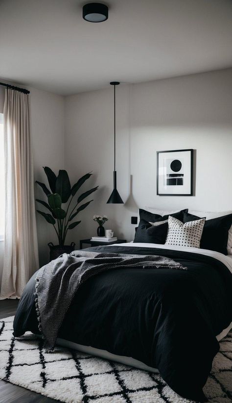 20 Trendy Black And White Bedroom Ideas To Transform Your Space Black And White Aesthetic Room, Black Themed Bedroom, Black And White Bedroom Decor, Black And White Bedroom Ideas, Black And White Bedroom, White Bedroom Ideas, White Bedroom Design, White Apartment, White Bedroom Decor