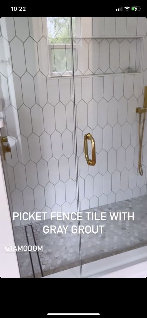 Shower With Picket Tile, Picket Tiles Bathroom, Picket Fence Tile Bathroom, Accent Shower Tile, Picket Tile Bathroom, White Tiles Grey Grout, Picket Tile, Gray Shower Tile, Backyard View