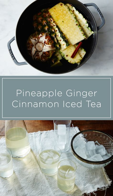 Turn your pineapple scraps into a refreshing iced tea. Pineapple Scraps, Ginger Iced Tea Recipe, Ginger Iced Tea, Pineapple Tea, Pineapple Ginger, Iced Tea Recipe, Food Korean, Alcoholic Desserts, Portuguese Desserts