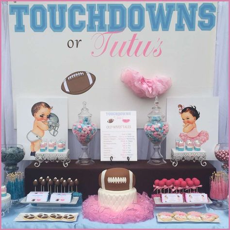 Touchdowns or Tutu's Gender Reveal Party Ideas | Photo 1 of 9 Football Gender Reveal Party, Gender Reveal Ideas For Party, Football Gender Reveal, Gender Reveal Box, Gender Reveal Party Ideas, Simple Gender Reveal, Reveal Party Ideas, Gender Reveal Baby Shower Themes, Peanuts Party