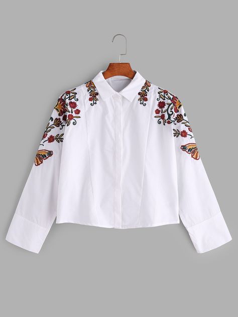 Shop White Flower Embroidered Shirt online. SheIn offers White Flower Embroidered Shirt & more to fit your fashionable needs. Embroidery White Shirt, Embroidered White Shirt, Embroidered Shirts For Women, White Embroidered Shirt, Clothes Embroidery Diy, Shirt Drawing, Half Saree Designs, Fur Clothing, Embroidery On Clothes