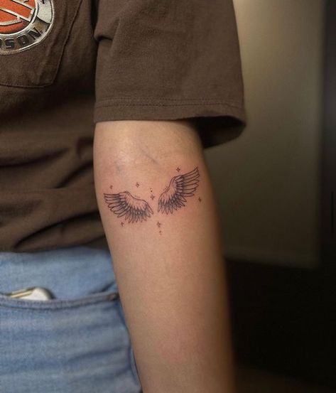 Delicate Wing Tattoo, Angel Halo Tattoo Ideas, Delicate Angel Tattoo, Dainty Wings Tattoo, Silouttes Tattoo, Delicate Angel Wings Tattoo, Arm Crease Tattoo Inner, Small Angel Wing Tattoos For Women, Feminine Eagle Tattoo For Women