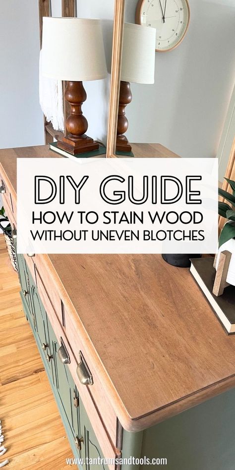 Wondering how to stain wood? SAVE this pin for the BEST wood staining guide for an even finish and tackle wood stain with confidence. When you follow these tips, refinishing furniture DIY is easy! Check out this staining wood furniture guide + learn how to refinish wood furniture without the mess or stress! If you want to refinish wood furniture + keep the beauty of the wood; these DIY Painted Furniture Makeovers + wood stain refinishing tips teach you how to get an even finish every time! Stain Colors For Wood, Staining Wood Furniture, Wood Staining Techniques, How To Stain Wood, Furniture Stripping, Sanding Furniture, Diy Furniture Makeover Projects, Refinish Wood Furniture, Thrifted Furniture