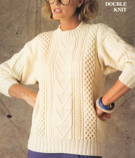 Ladies Long DK- Aran style Jumper knitting pattern Fits 32-40 chest- lovely Crochet Jumper Pattern, Aran Knitting Patterns, Cable Jumper, Long Jumpers, Round Neck Cardigan, Jumper Knitting Pattern, Crochet Jumper, Sweater Knitting Pattern, Jumper Patterns