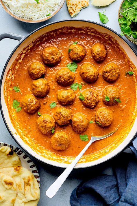 Tikka Masala Meatballs - Two Peas & Their Pod Tika Masala Chicken, Dinner Ideas Greek, Greek Dinner Party, Healthy Meatball Recipe, Tika Masala, Bread Turkey, Blt Chicken, Ground Chicken Meatballs, Baked Tacos