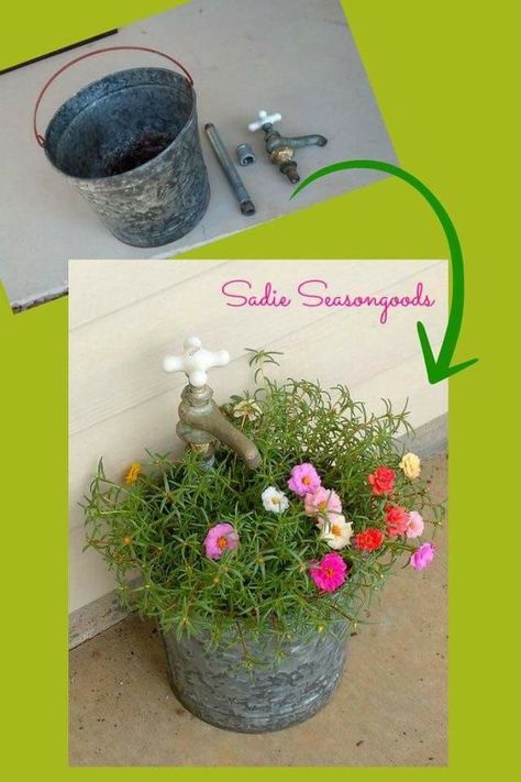 Faucet Planter, Garden Bed Layout, Vintage Bucket, Container Gardening Flowers, Garden Junk, Garden Containers, Garden Yard Ideas, Diy Vintage, Garden Crafts