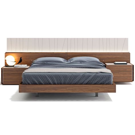 Dynamic Home Decor - Porto Queen Bed in Walnut Veneer & Light Grey Lacquer Low Floor Bed, Platform Bed Designs, Cama Queen Size, Nightstand Set, Wood Bedroom Furniture, Bed Design Modern, Bed Furniture Design, Floor Bed, Bedroom Bed Design