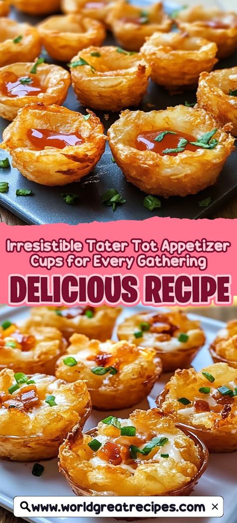 Looking for the perfect party snack? These Tater Tot Appetizer Cups are your answer! With a crispy tater tot base filled with seasoned meat, creamy cheese, and fresh veggies, they make a delightful addition to any gathering. Easy to prepare and fun to eat, they will impress your guests without breaking a sweat. Serve them with your favorite dips for an extra flavor boost and watch as they disappear in no time! Perfect for game nights, potlucks, or family gatherings. Appetizers Without Meat, Tater Tots Appetizer, Tater Tots Appetizers For Party, Tater Tot Appetizers For Party, Tater Tot Appetizer Cups, Tator Tot Cups Appetizer, Meat Based Appetizers, Game Night Appetizers, Tater Tot Cups