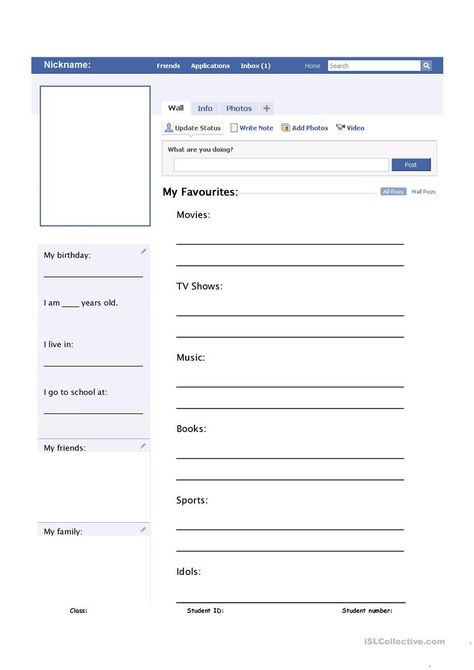 My Facebook Profile Worksheet - English ESL Worksheets for distance learning and physical classrooms Facebook Profile Template, Facebook Pic, Science Display, Twitter Template, About Me Template, Facebook Header, Cursive Writing Worksheets, Profile Template, Social Media Profile