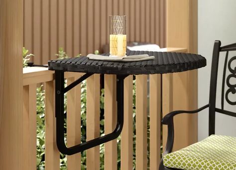 10 Small Balcony Furniture Ideas That Utilize Your Space - PureWow Outdoor Small Table Decor, Small Balcony Decor Cozy, Rattan Balcony, Small Balcony Furniture, Railing Balcony, Used Outdoor Furniture, Balcony Table, Solid Wood Side Table, Wicker Table