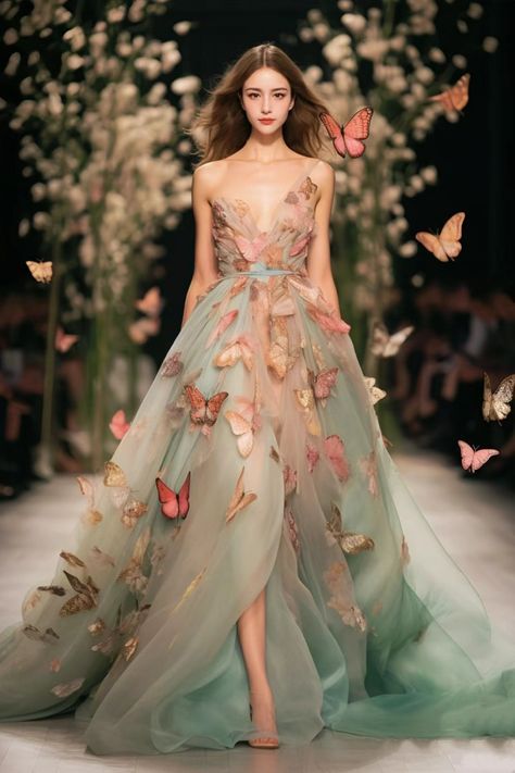 Butterfly Fantasy Dress, Ethereal Outfit Dress To Impress, Enchanted Forest Outfit Ideas, Butterfly Prom Dress, Forest Outfit, Butterfly Gown, Private Vows, Forest Dress, Flower Prom Dress