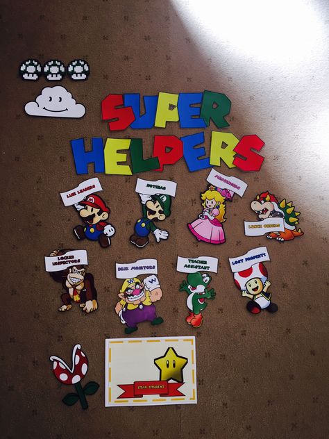 Super Mario themed job chart Super Mario Classroom, Mario Classroom, Super Mario Bros Birthday Party, Class Birthdays, Job Chart, Classroom Layout, Classroom Board, Class Theme, Star Students