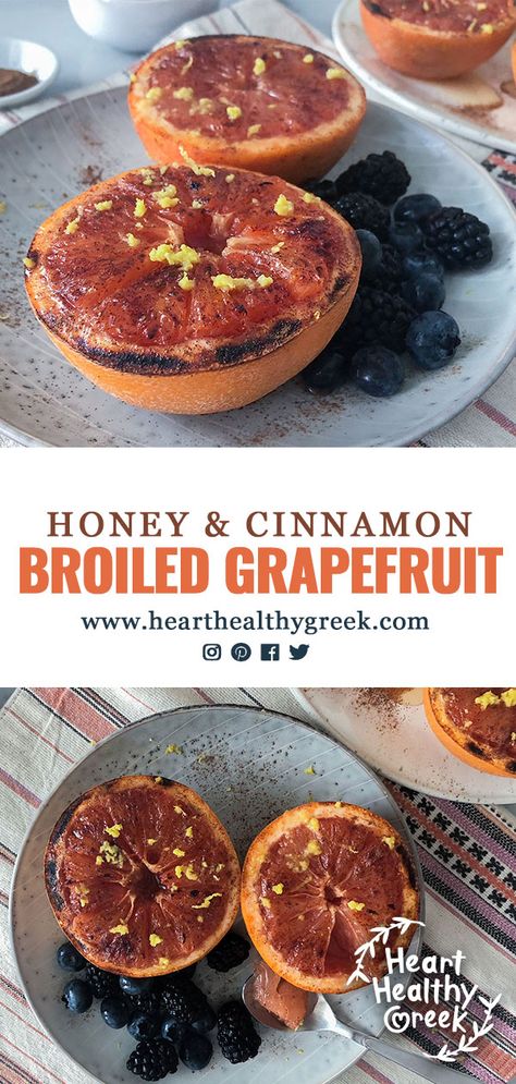 This recipe for broiled grapefruit is a healthy option for breakfast, brunch, snack time or even dessert. It’s bright, naturally sweetened with honey and flavored with cinnamon and topped with lemon zest. #Grapefruit #grapefruitrecipes #broiledgrapefruit #healthybreakfast Broiled Grapefruit, Fruit Nutrition Facts, Grapefruit Recipes, Low Calorie Fruits, Yogurt And Granola, Granola Healthy, Korean Clothes, Ginger Recipes, Juicing For Health