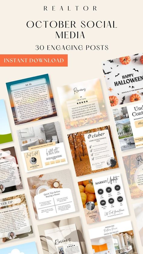 October Social Media Posts With Captions Fall Real Estate Agent Social Media Posts October Real Estate Marketing Template Realtor Instagram - Etsy UK October Real Estate, Real Estate Agent Social Media, Fall Real Estate, Real Estate Post, Realtor Social Media, Real Estate Agent Marketing, Folder Templates, Real Estate Buyers, Real Estate Templates