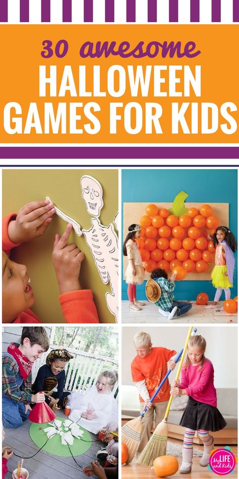 Planning the Halloween party for school? You'll love these 30+ DIY Halloween games for kids and for adults. Whether you are planning a preschool party or need something for older kids, these games are perfect for all ages. Includes Halloween Minute to Win It games too. Halloween Party For School, Diy Halloween Games For Kids, Kindergarten Halloween Party, Halloween Class Party, School Halloween Party, Halloween Kindergarten, Diy Halloween Games, Halloween Games For Kids, Halloween Preschool