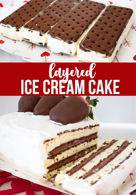 Layered Ice Cream Cake, Homemade Vanilla Ice Cream Recipe, Cream Sandwich Cake, Easy Ice Cream Cake, Ice Cream Sandwich Cake, Vanilla Ice Cream Recipe, Ice Cream Cake Recipe, Homemade Vanilla Ice Cream, Dessert Simple