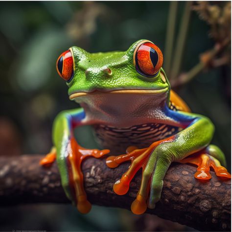 The photograph captures a mesmerizing close-up of a Red-eyed Tree Frog (Agalychnis callidryas), showcasing the vibrant beauty of this iconic amphibian. The frog's striking emerald-colored body stands out against dark backdrop. Its captivating red eyes seem to gleam with a fiery intensity, adding a touch of mystery to its already captivating appearance. The frogs delicate webbed fingers and toes allow the tree frog to cling effortlessly to the branch, demonstrating its impressive adaptability and Tree Frog Photography, Frog Photography Nature, Webbed Fingers, Red Eye Tree Frog, Frog Photography, Frog Eyes, Children Wall Art, Giraffe Pictures, Photography Colorful