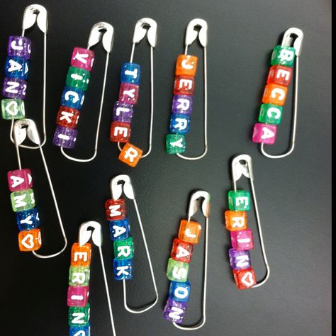 Name tags that aren't just "stick on" labels! Easy. Quick. Bright. Go well with our solid color service team shirts! American Heritage Girls, Daisy Scouts, Girl Scout Swap, Girl Scout Ideas, Girls Camp, Rainbow Party, Letter Beads, Reduce Weight, Team Shirts