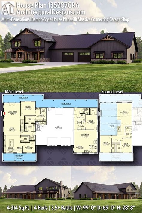 Multi-generational Barndominium House Plan 135207GRA gives you 4300 square feet of living space with 4 bedrooms and 3.5+ baths Barndominium Floor Plans With Butler Pantry, Modern Barnodium Homes, 3 Bedroom 2.5 Bath Barndominium, Barndominium Split Floor Plans, Barndominium Compound, Barndominium Floor Plans 2 Story, Multi Generational House Plans, Barndominium Interior Open Floor, 6 Bedroom Barndominium Floor Plans