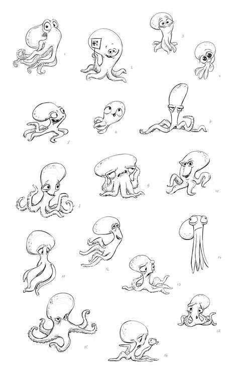 Character Design Octopus, Cartoon Octopus Drawing, Octopus Drawing Sketches, Tentacles Illustration, Cute Octopus Drawing, Octopus Anatomy, Octopus Doodle, Cute Octopus Tattoo, Octopus Character