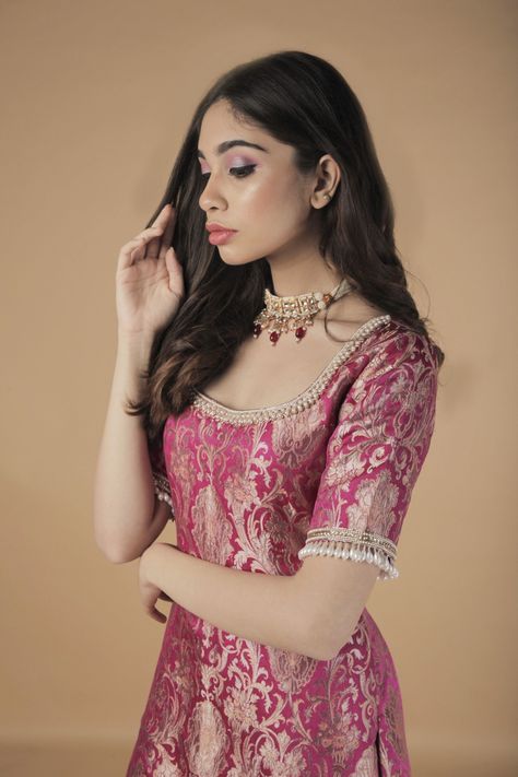 Contemporary indian wear/indo western/gowns/lehenghas/indian wear/designer wear/sarees/wedding wear/bridesmaids Banarsi Indo Western Dress, Banarsi Kurti Design, Winter Ethnic Wear Indian, Banarasi Dress Designs, Banarasi Suit Designs Latest, Suit Neck Designs Indian, Indo Western Gowns, Western Gowns, Silk Kurti Designs