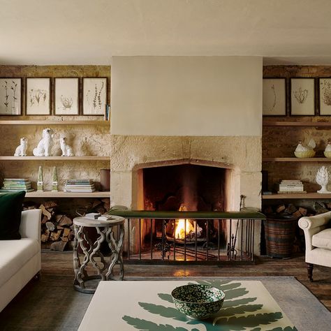 A snug 17th-century farmhouse in the Lake District gets ready for Christmas | House & Garden Farrow And Ball Living Room, Carved Stone Fireplace, Cotswold House, English Antique Furniture, Flagstone Flooring, Wooden Wall Panels, Country Cottage Style, Victorian Cottage, English Furniture