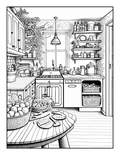 Cozy Kitchen Coloring Book: Relax And Find Your Creative Abilities With Dining Room Scenes Illustrations, Easy Color Pages For Girls Adults Colorists Provide Relieve Stress #coloringbook #coloringpages Kitchen Colouring Pages, Coloring Pages Aesthetic Adult, Kitchen Coloring Pages, Creative Haven Coloring Books, Video Sport, Kitchen Drawing, Drawing Interior, Drawing Ideas List, Drawing Template