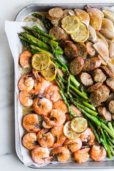 Old Bay Shrimp and Sausage Sheet Pan Dinner Shrimp And Sausage Sheet Pan, Sausage Sheet Pan Dinner, Sausage Sheet Pan, Old Bay Shrimp, Shrimp Asparagus, Cabin Food, Shrimp And Sausage, 2023 Food, Simple Dinners