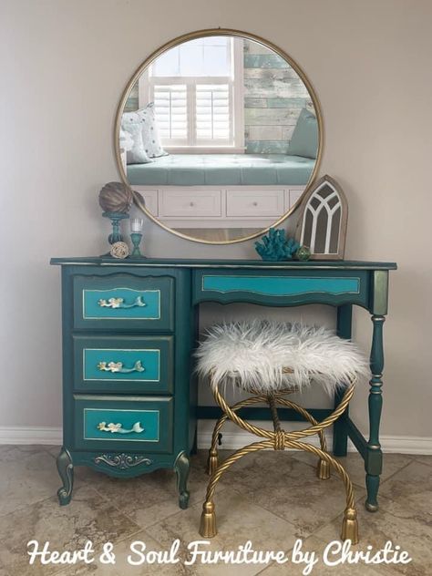 Teal Vanity, Mermaid Vanity, Teal Desk, Gold Desk, Antique Vanity, Mermaid Diy, Bedroom Vanity, Vintage Bedroom, Royal Blue And Gold