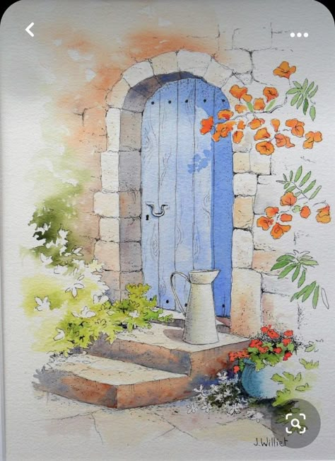 Watercolor House Painting, Watercolor Scenery, Watercolor Art Landscape, Art Tutorials Watercolor, Canvas For Beginners, Watercolor Architecture, Canvas Painting Ideas, Watercolor Paintings For Beginners, Hur Man Målar