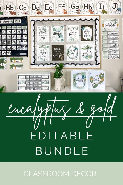 This eucalyptus and gold classroom theme is perfect for your nature inspired, calming classroom. This botanical bundle is fully text-editable and updated with new, crisp images. The decorations and printables are suitable for all levels - primary, elementary, middle school and high school! Botanical Classroom Decor, Eucalyptus Classroom Theme, Eucalyptus Classroom Decor, Gold Classroom Decor, Greenery Classroom, Eucalyptus Classroom, Calming Classroom, Calm Classroom, Flip Calendar