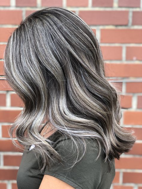 Bob Haircolor Ideas 2022, Going Grey With Dark Hair, Blending Gray With Dark Hair, Balayage To Blend Gray Hair, Dark Gloss On Blonde Hair, Silver Gray Balayage On Dark Hair, Gray Hair Layered Hairstyles, Blending Gray With Brown Hair, Dark Brown Hair With Grey Highlights Gray Ash Blonde