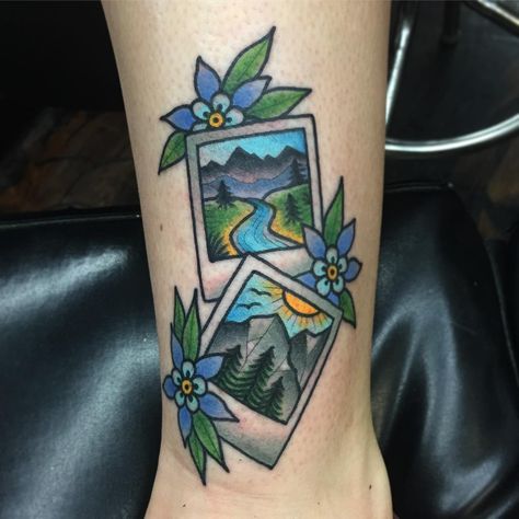 Scenery Tattoo Women, Igloo Tattoo, Colorado Inspired Tattoos, Colorado Tattoo Ideas For Women, Traditional Mountain Tattoo, Road Trip Tattoo, Colorado Tattoo Ideas, Roadtrip Tattoo, Colorado Tattoos