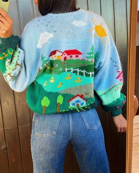 Knitted Cardigan. Handmade Sweater with House, Trees and Lake Picture Pattern. DIY Clothes Fall Christmas Aesthetic, House Trees, Easy Sweater Knitting Patterns, Pet Sweaters, Blue Knit Sweater, Pet House, Stylish Beds, Furniture Designs, Sweater Knitting Patterns