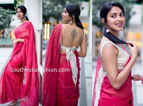 Bow Tie Blouse Saree, Pink Cotton Saree, Summer Saree, Sleeveless Blouse Designs, Saree Backless, Blouse Designs High Neck, Amala Paul, Bow Tie Blouse, Latest Designer Sarees