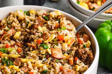 Breakfast Fried Rice Hawaiian Breakfast Fried Rice, Fried Rice And Egg Breakfast, Smoked Sausage Fried Rice, Breakfast Fried Rice Sausage, Fried Rice Bacon, Breakfast Fried Rice, Western Breakfast, Peach Freezer Jam, Fried Breakfast