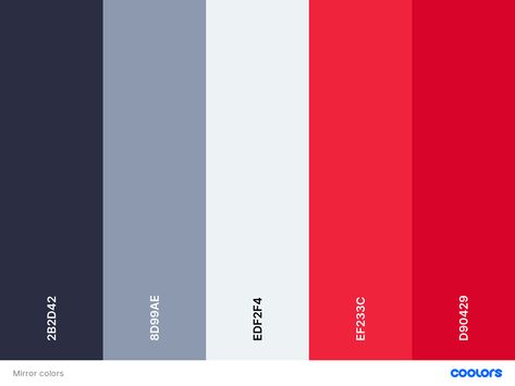 Red Color Palettes, Blue Pallets, Navy Color Palette, Simple Web Design, Palette Projects, Red Color Schemes, Red Colour Palette, Brand Ideas, Mirror Color